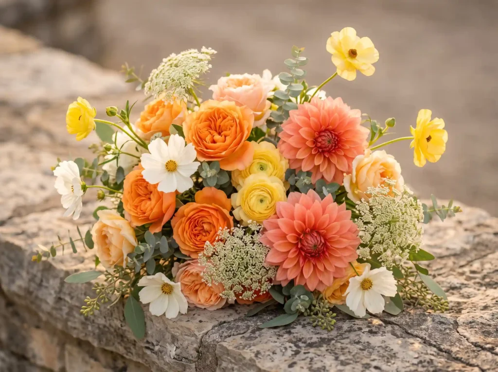 Sunset Citrus Garden Inspiration Inspired by fl Bridal bouquet on limestone surface