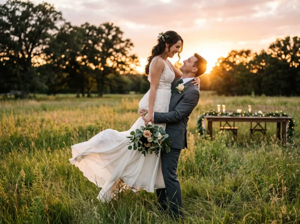 Sunset Lift in the Meadow Inspiration A joyful Groom lifts bride in meadow