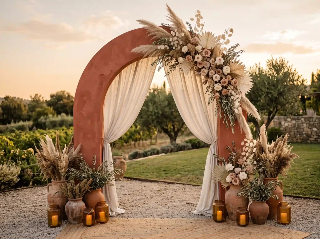 Terracotta Arch With Pampas Texture Inspiration Terracotta arch with floral clus…
