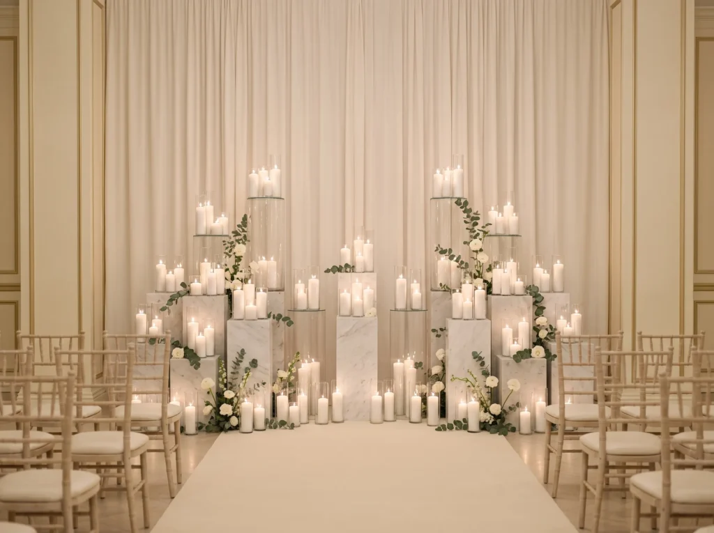 White Candle Columns Inspiration Repetition tur White candles on stone plinths
