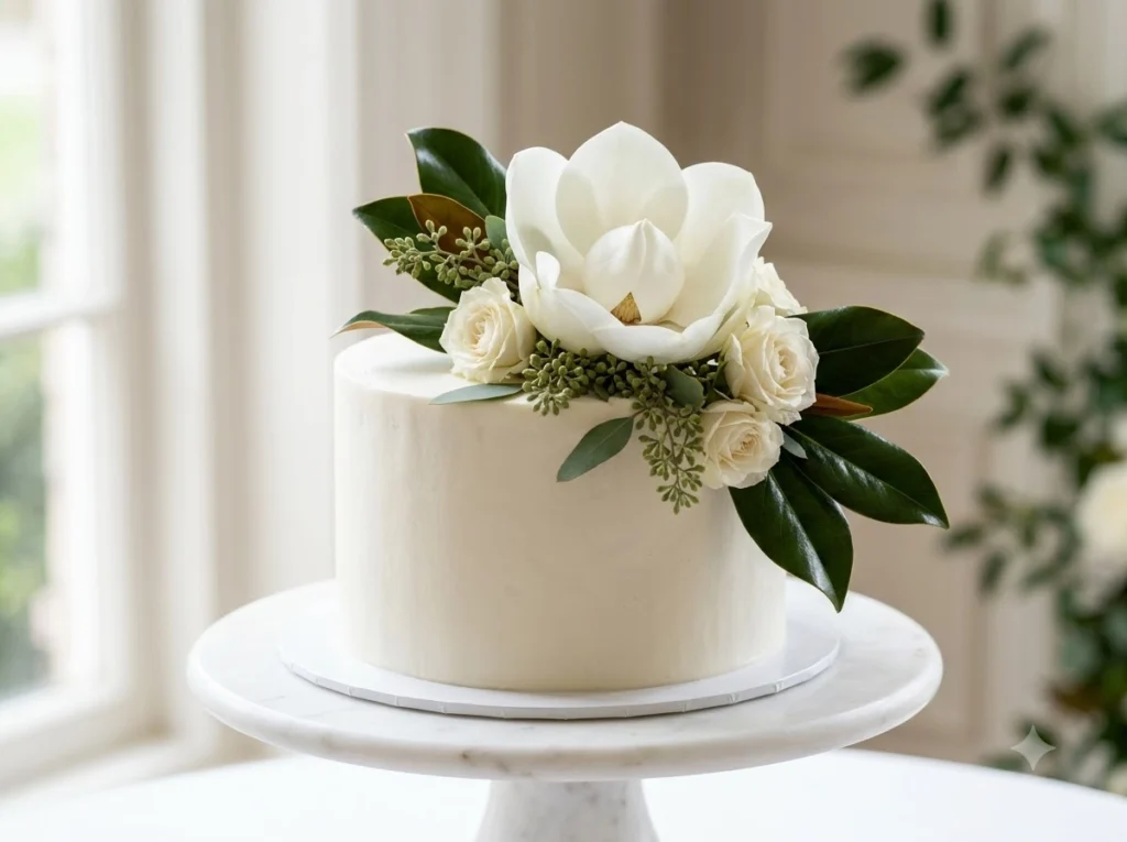 White Magnolia Elegance Inspiration Inspired by White magnolia wedding cake disp…