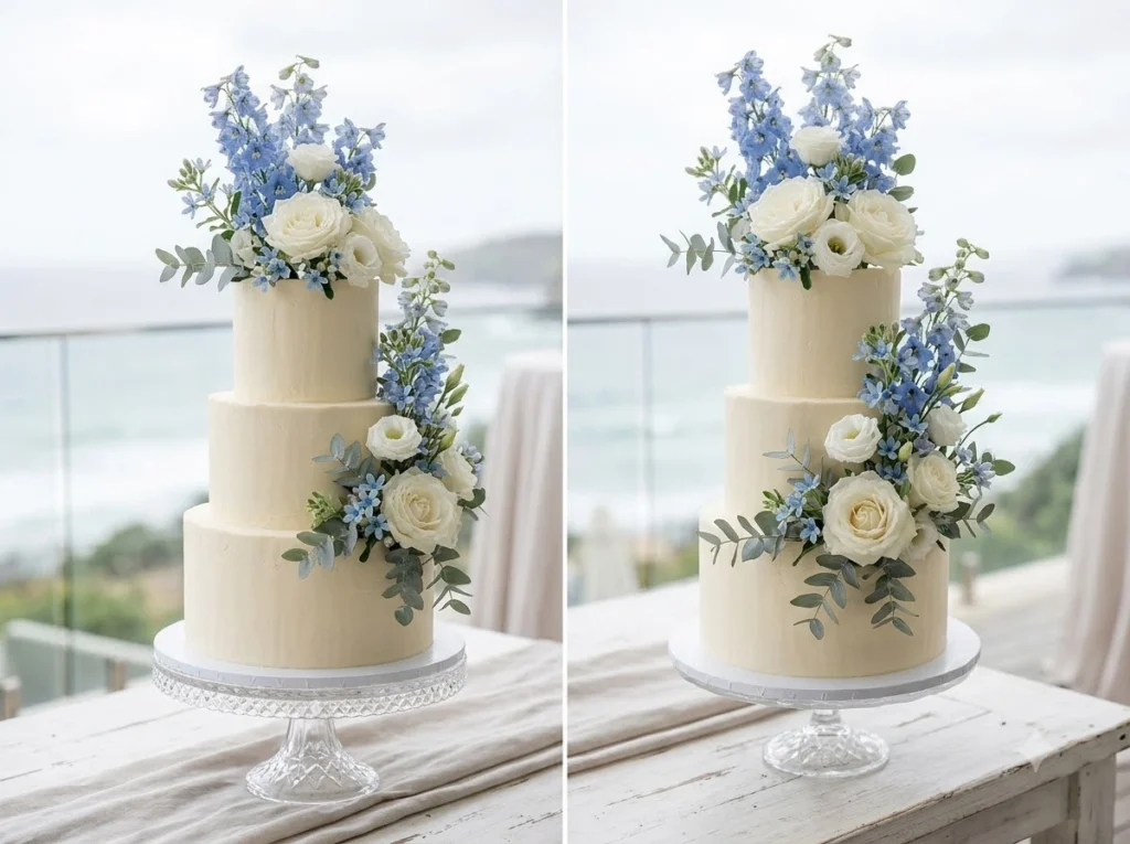Ivory wedding cake decorated wit…