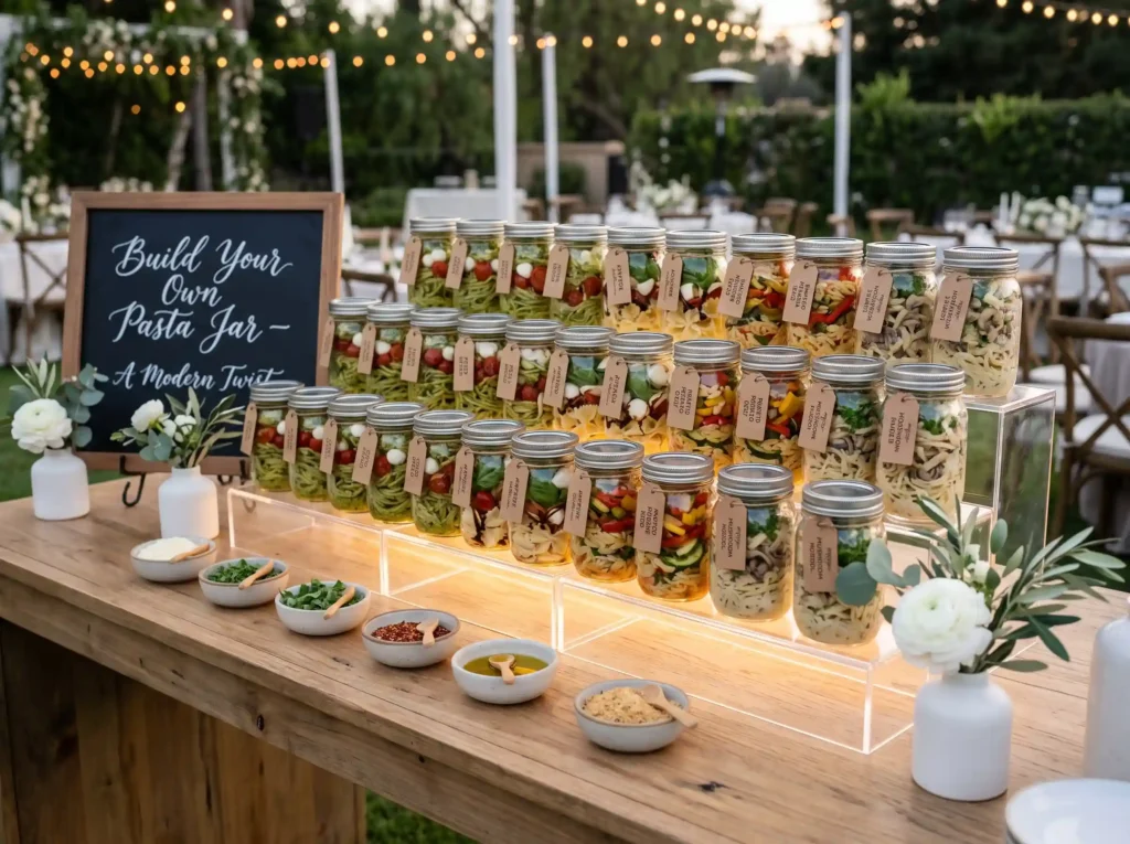 Pasta in a Jar Station Inspiration A playful mo Pasta station display at wedding