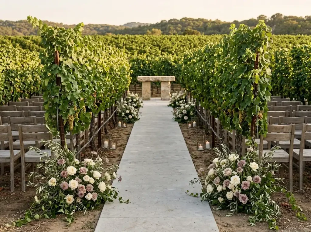 Vineyard Vine Aisle Inspiration A romantic vine Vineyard wedding ceremony setup