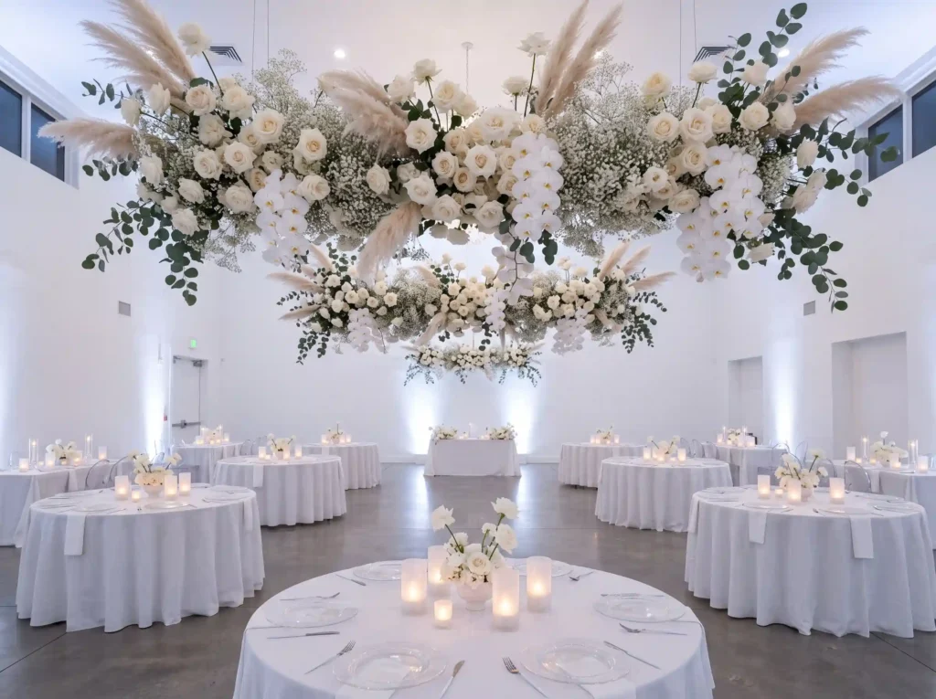 White Feather Florals Inspiration The clean whi Suspended white floral wedding r…