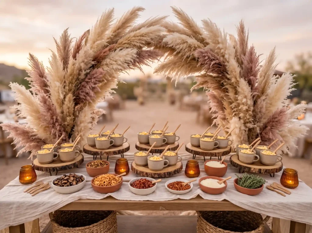 Boho Pampas Mac Bar Inspiration Soft bohemian t Boho mac and cheese bar