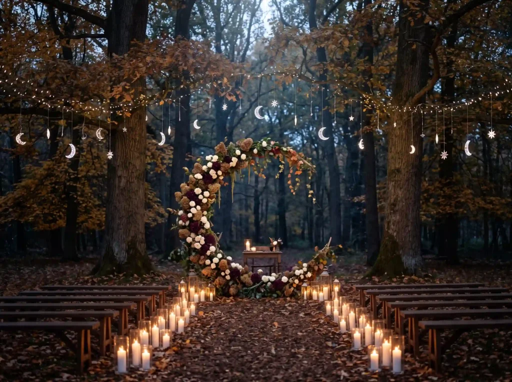 Moonlit Autumn Woodland Inspiration The quiet m Woodland wedding ceremony with c…