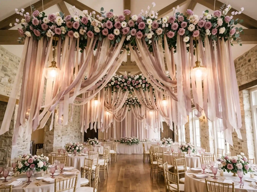 Rose and Ribbon Canopy Inspiration The cascadin Floral and ribbon canopy design
