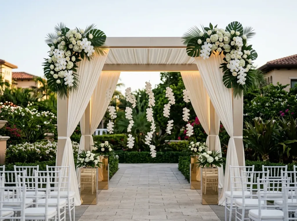 White Orchid Luxe Arbor Inspiration A polished Luxury garden ceremony arbor dec…