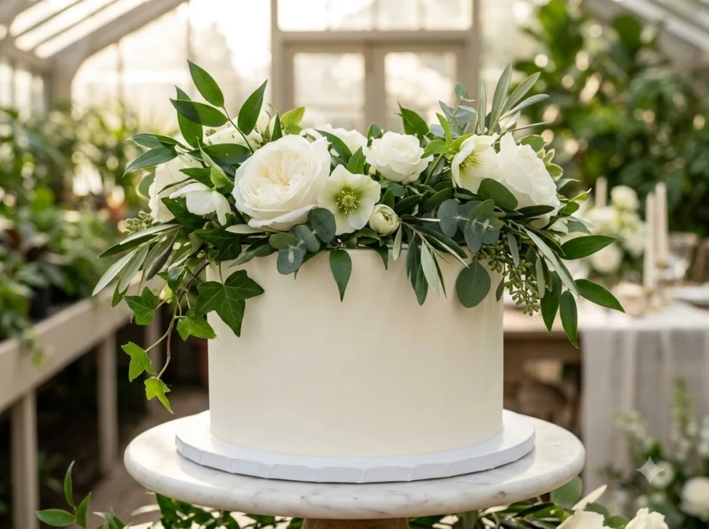 Botanical wedding cake with gree…