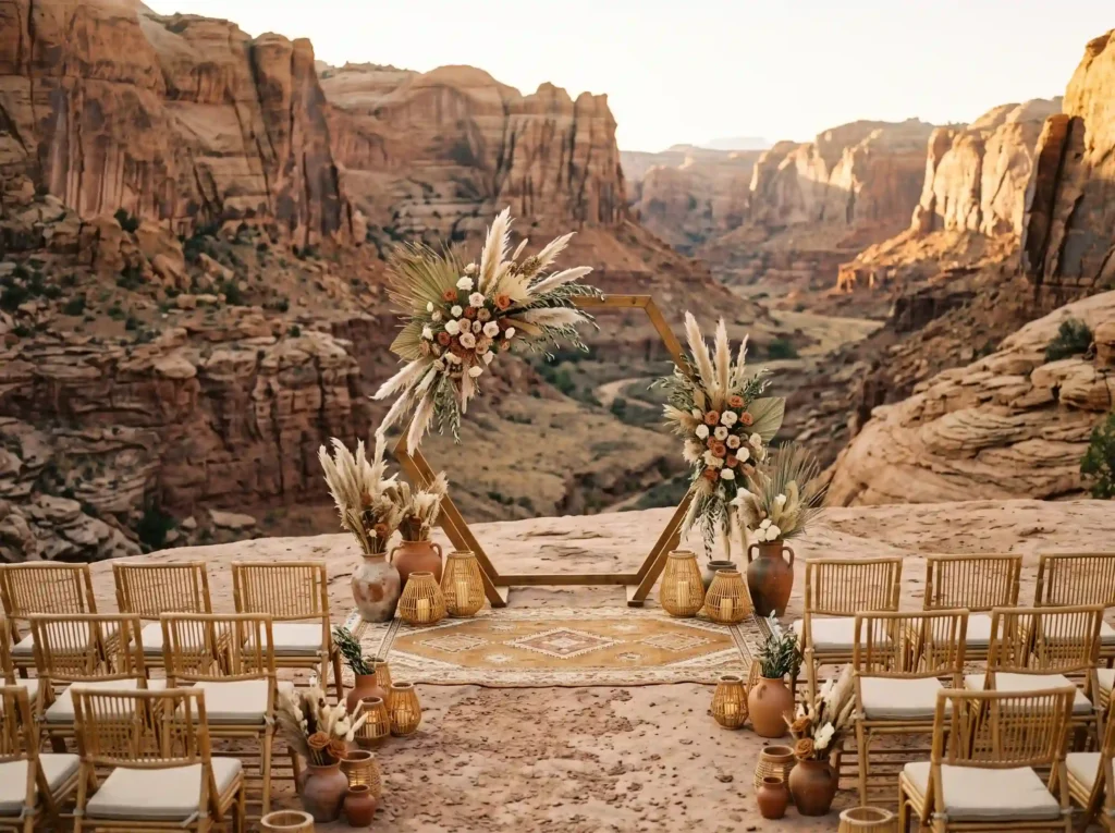 Bohemian Canyon Gathering Inspiration Earthy te Canyon wedding ceremony altar setup