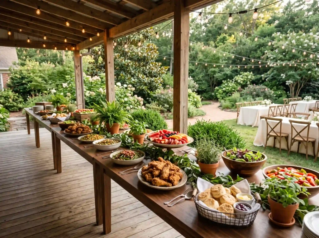 Porch to Garden Supper Inspiration This setup f Wedding buffet flowing to garden