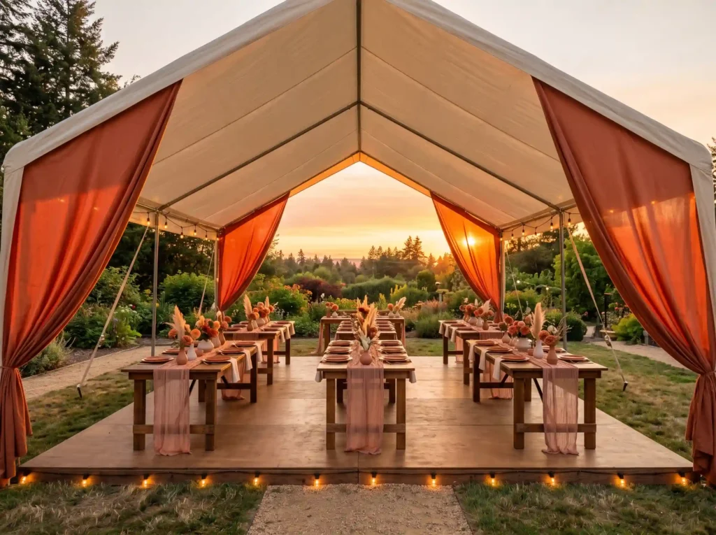 Sunset Terracotta Dinner Canopy Inspiration A w Backyard wedding canopy at sunset