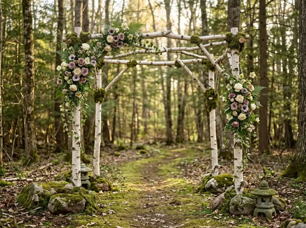 Wild Woodland Birch Arch Inspiration An elevate Birch wedding arch in forest