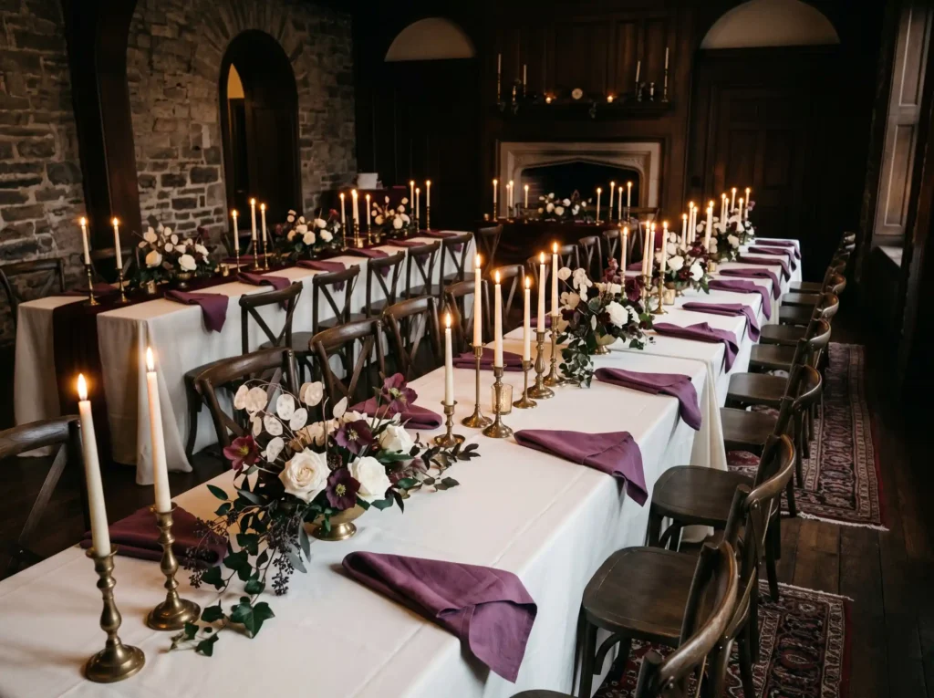 Moody Plum Candlelight Inspiration A dramatic j Winter wedding reception with ca…
