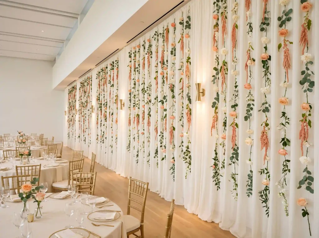 Peach Fuzz Floral Drapery Inspiration The refer Floral drapery at wedding reception