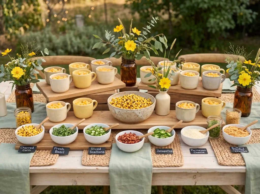 Late Summer Corn Cheddar Mac Bar Inspiration Pe Mac and cheese bar display