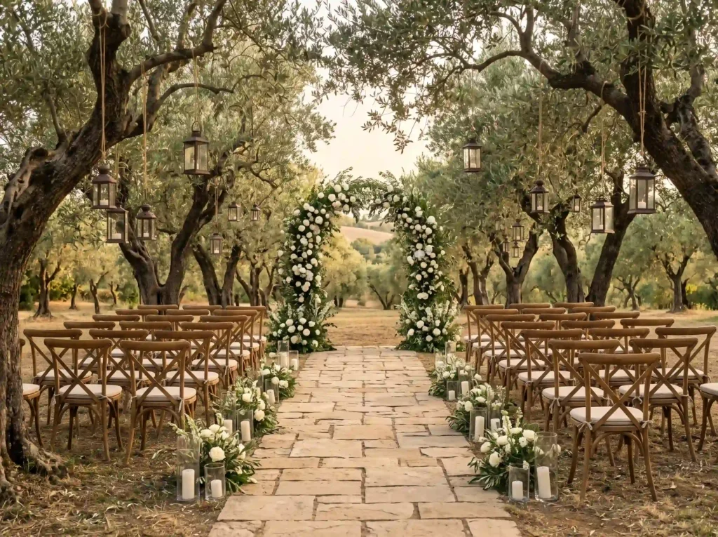 Olive Grove Romance Inspiration Mediterranean s Olive grove wedding ceremony setup