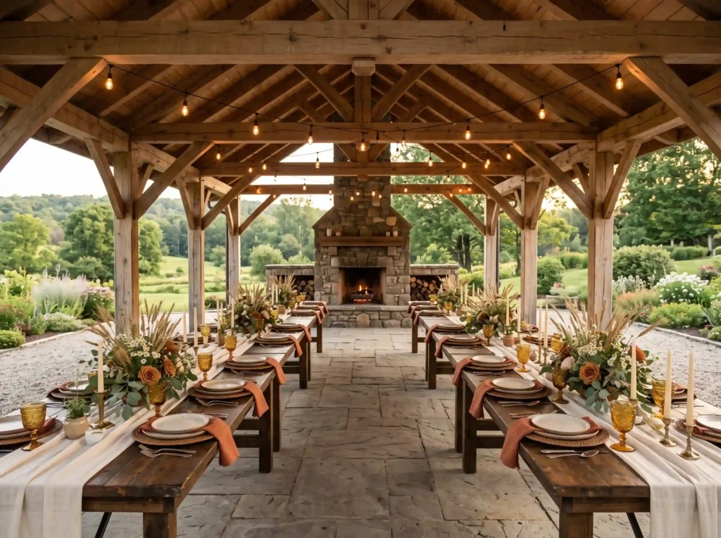 Rustic Timber Frame Feast Inspiration A substan Timber frame wedding feast setup