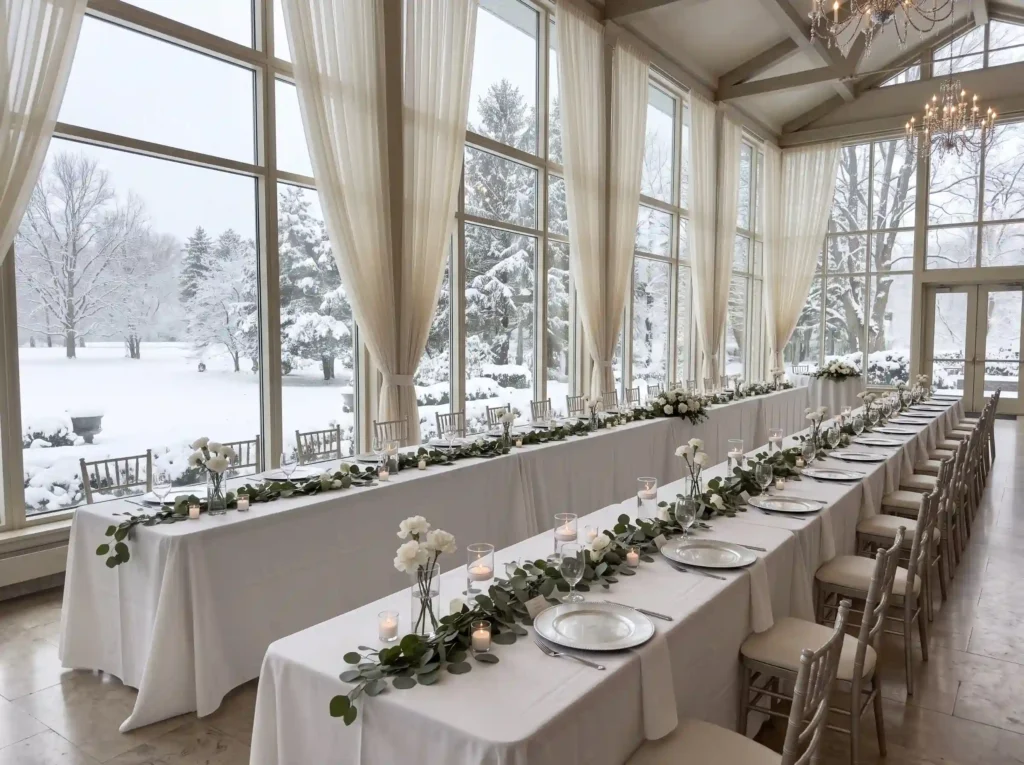 Snowy Window Reception Inspiration Existing arc Winter wedding reception at window