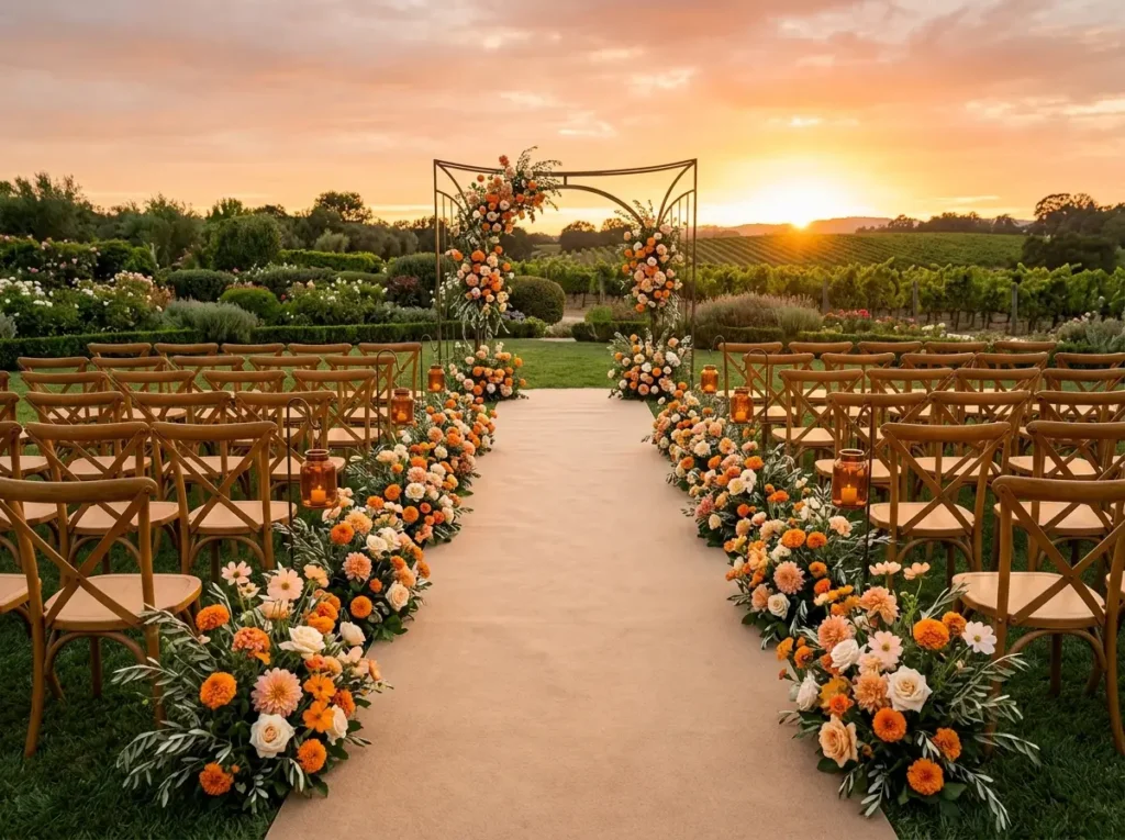 Sunset Marigold Passage Inspiration A vibrant s Sunset outdoor wedding ceremony …