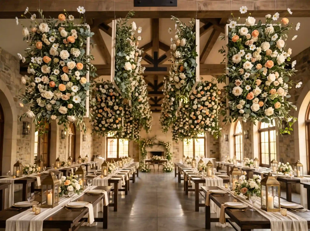 Garden Gate Hanging Meadow Inspiration The refe Suspended floral panels over tables