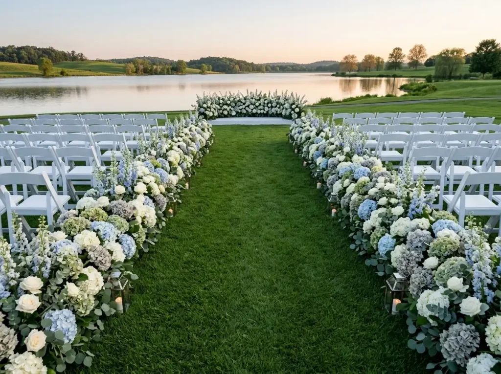 Hydrangea Border Runway Inspiration A polished Hydrangea border wedding ceremon…