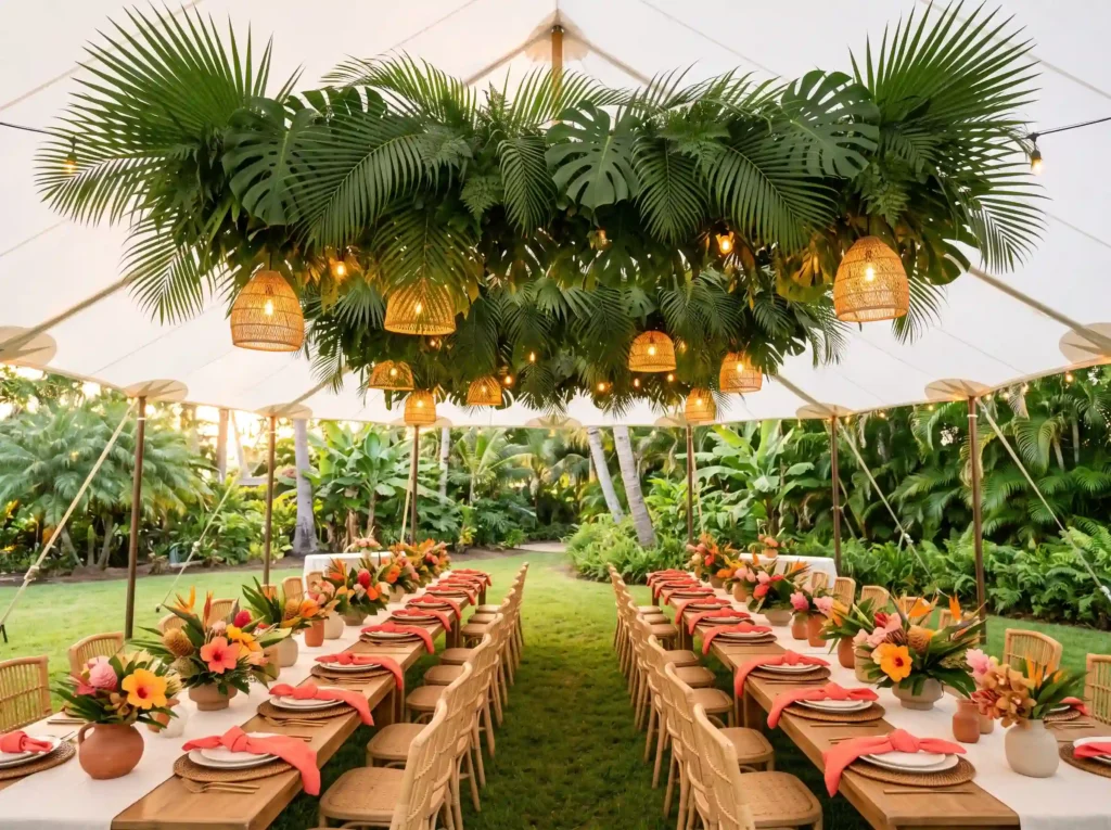 Tropical Palm Reception Tent Inspiration A back Tropical palm wedding tent recep…