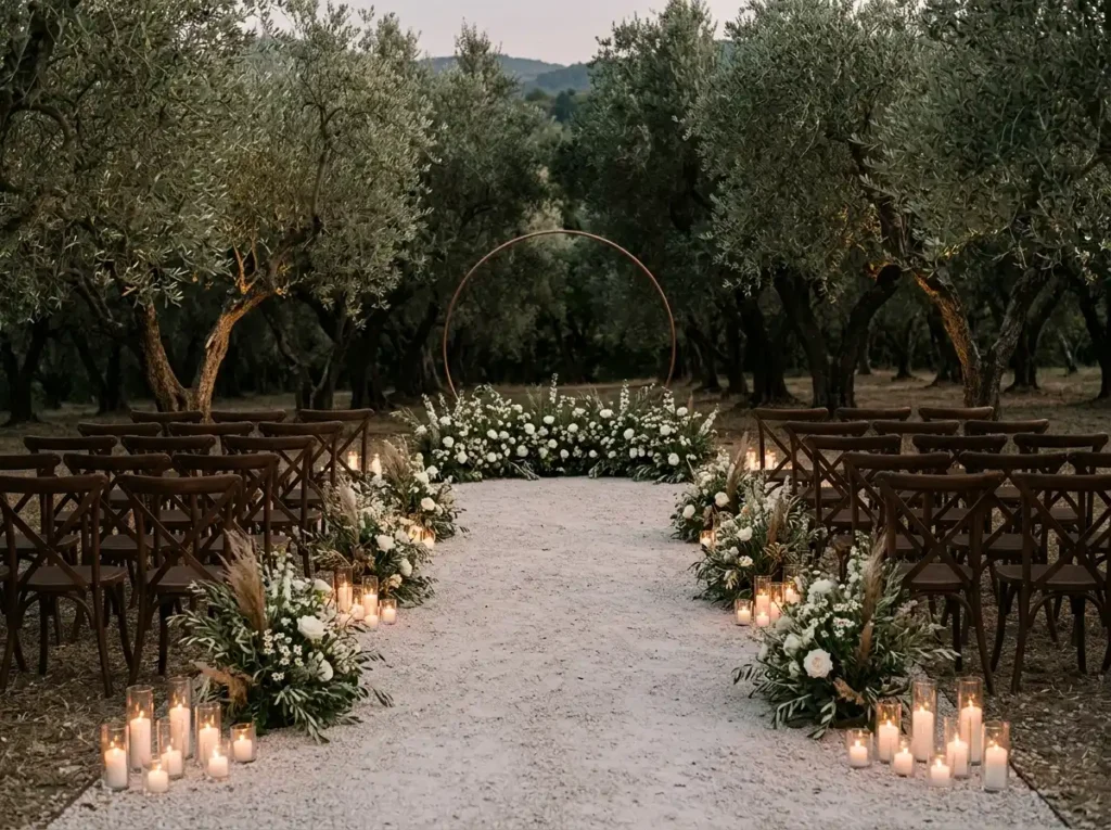 Candlelit Olive Grove Aisle Inspiration An inti Candlelit olive grove wedding aisle ()