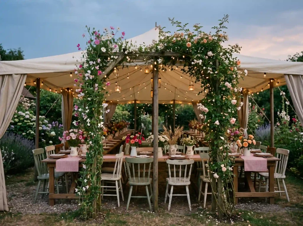 Cottagecore Harvest Canopy Inspiration A nostal Cottagecore wedding canopy recep… K