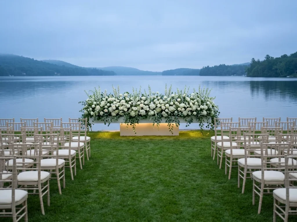 Floating Floral Horizon Inspiration A refined l Lakeside wedding ceremony with f…