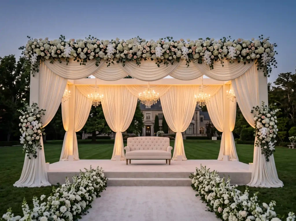 Grand Floral Curtain Stage Inspiration Combinin Grand floral wedding stage setup