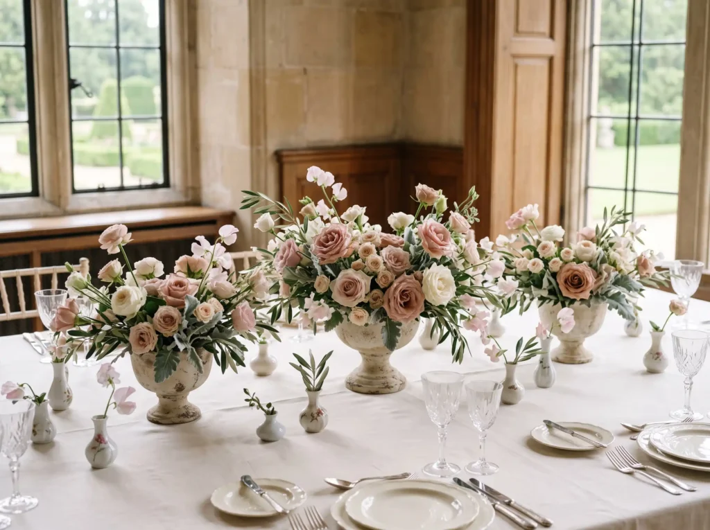 Blush Heirloom Garden Inspiration Inspired by th Blush floral centerpiece on table