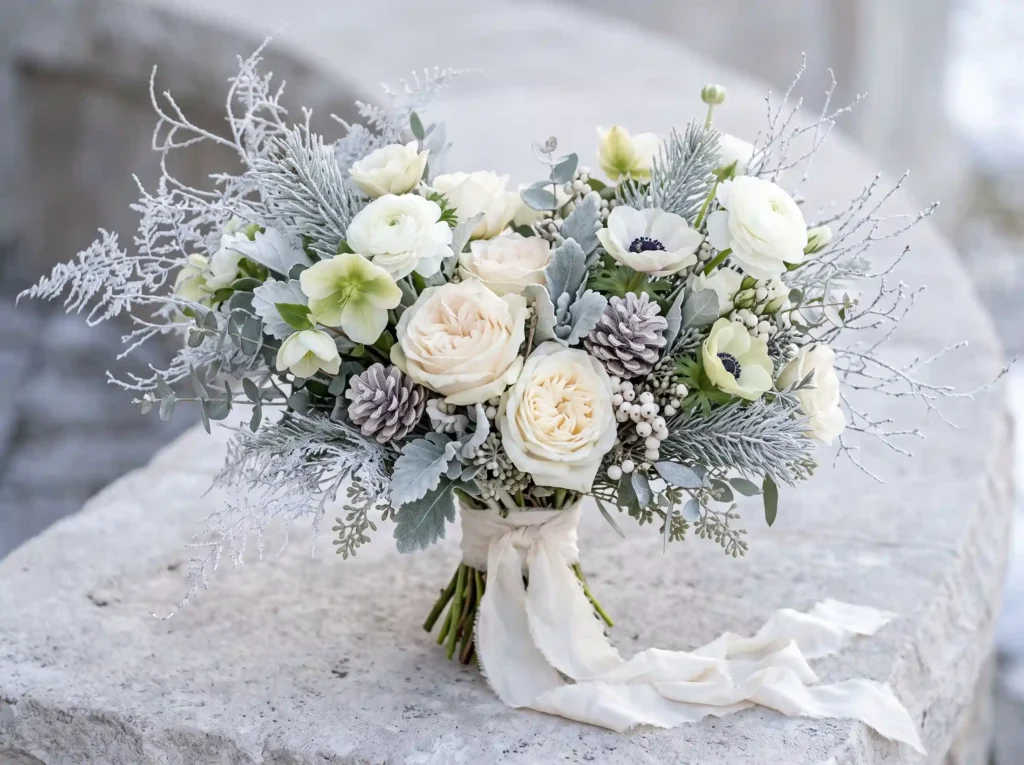 Frosted Ivory Winter Garden Inspiration Inspired Winter bridal bouquet on surface