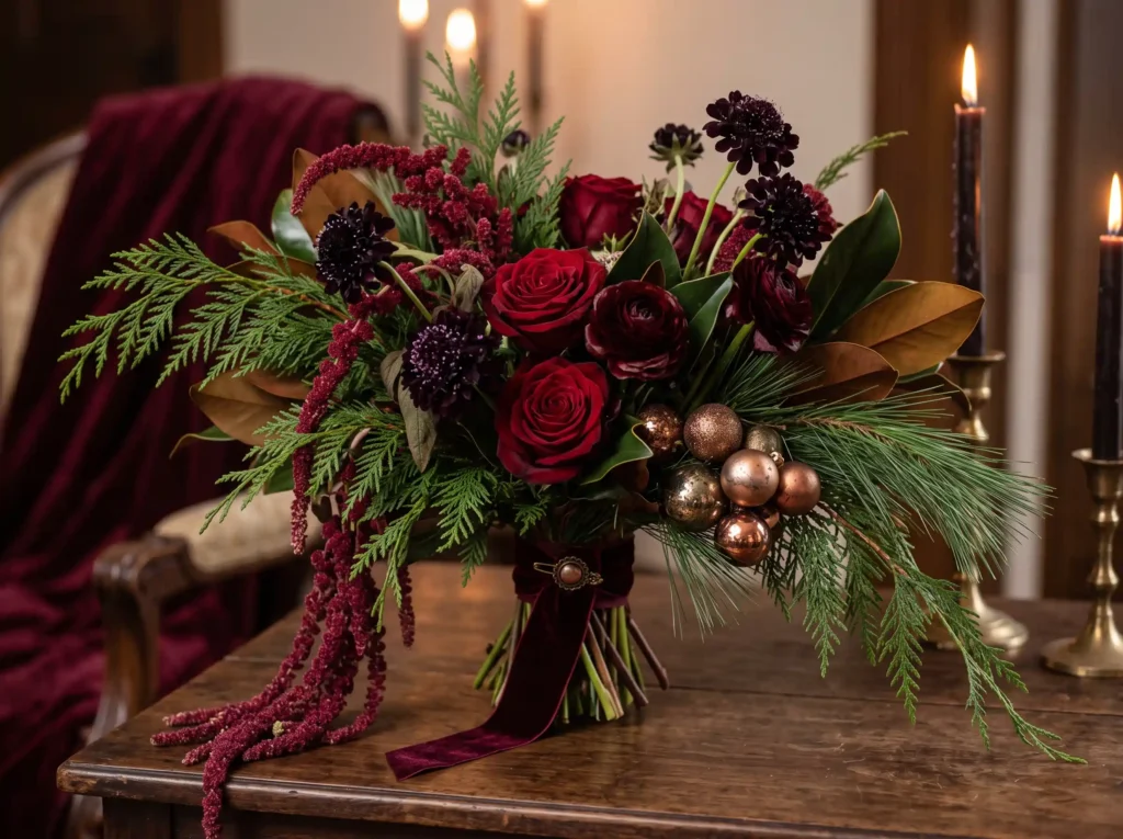 Crimson Evergreen Luxe Inspiration A richer inte Burgundy Christmas bridal bouquet K