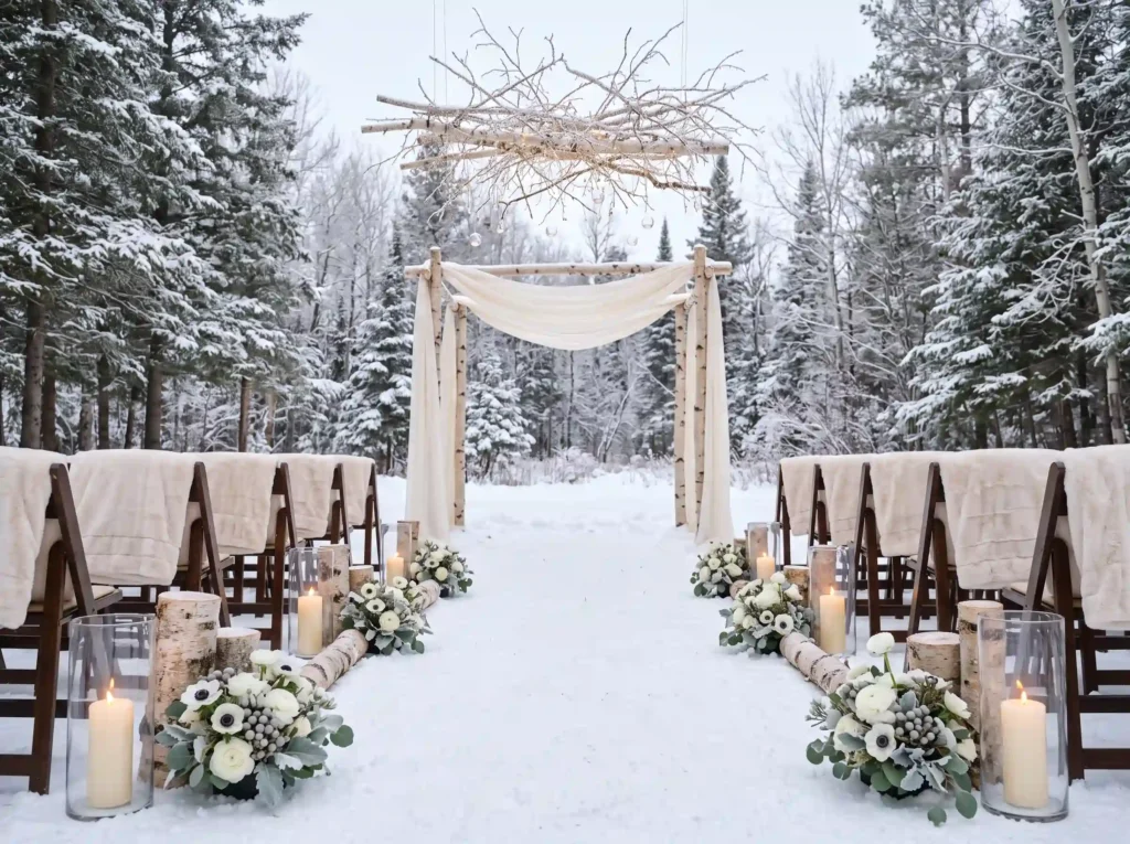 Frosted Birch Candle Aisle Inspiration Inspired Winter wedding ceremony birch altar