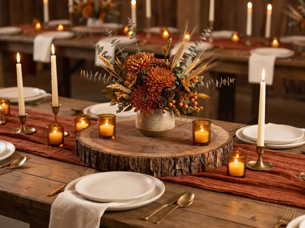 Autumn Wood Slice Tablescape Inspiration The rus Autumn wood slice tablescape K