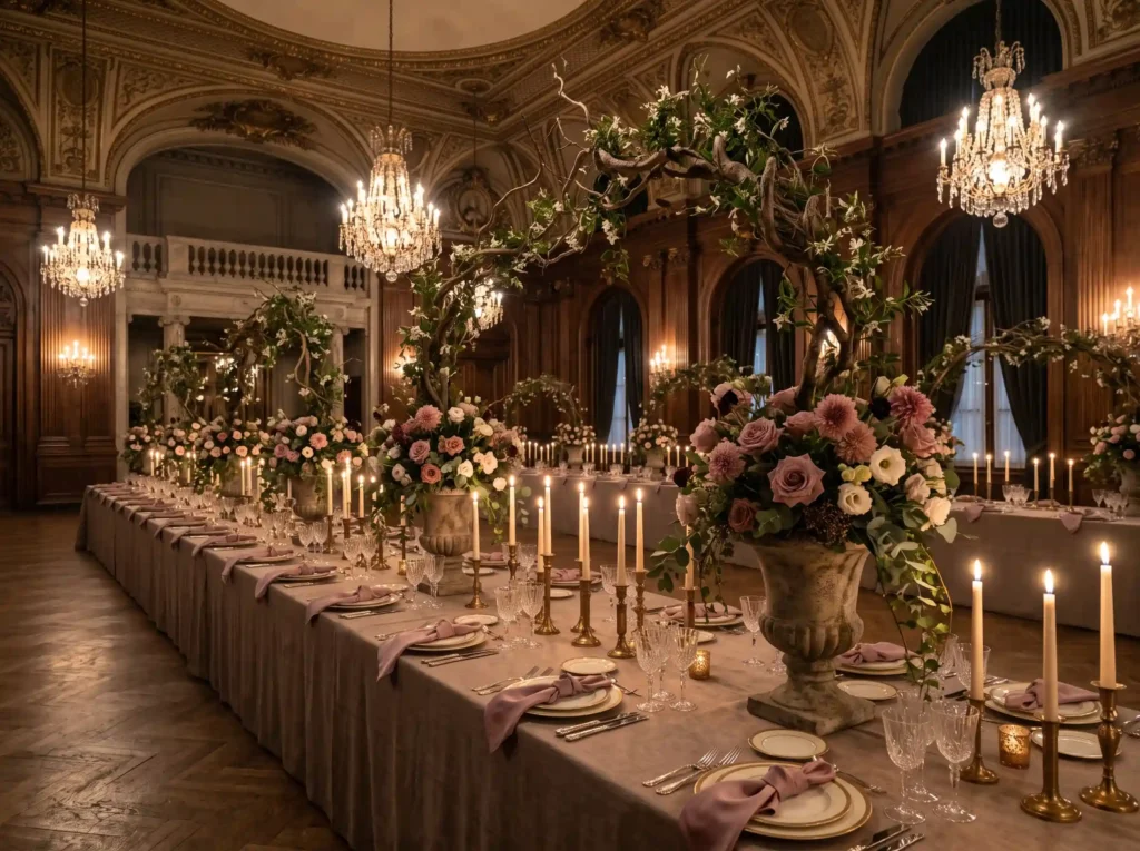 Antique Mauve Ballroom Inspiration A grand Europ Ballroom reception table with fl…