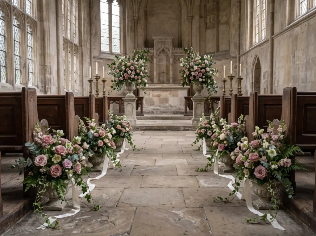 Dusty Rose Cathedral Aisle Inspiration Inspired Cathedral aisle with floral arra…