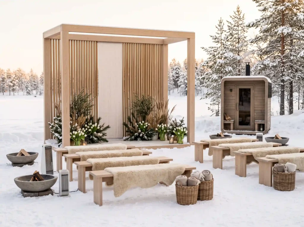 Nordic Sauna Retreat Inspiration A playful yet e Nordic sauna winter ceremony design
