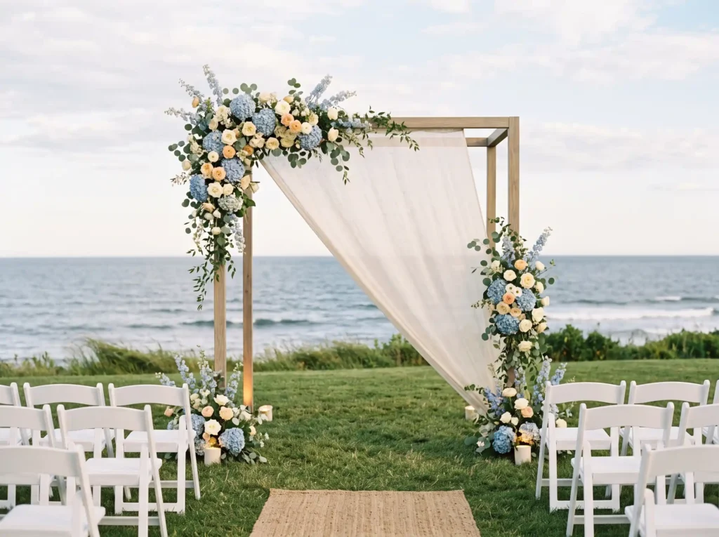 Blue Hydrangea Sail Arch Inspiration This airy i Hydrangea sail arch ceremony K