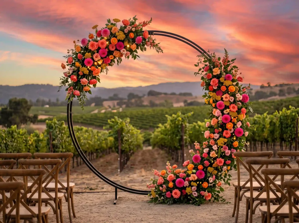 Sunset Coral Asymmetry Inspiration Designed to g Floral arch at sunset vineyard
