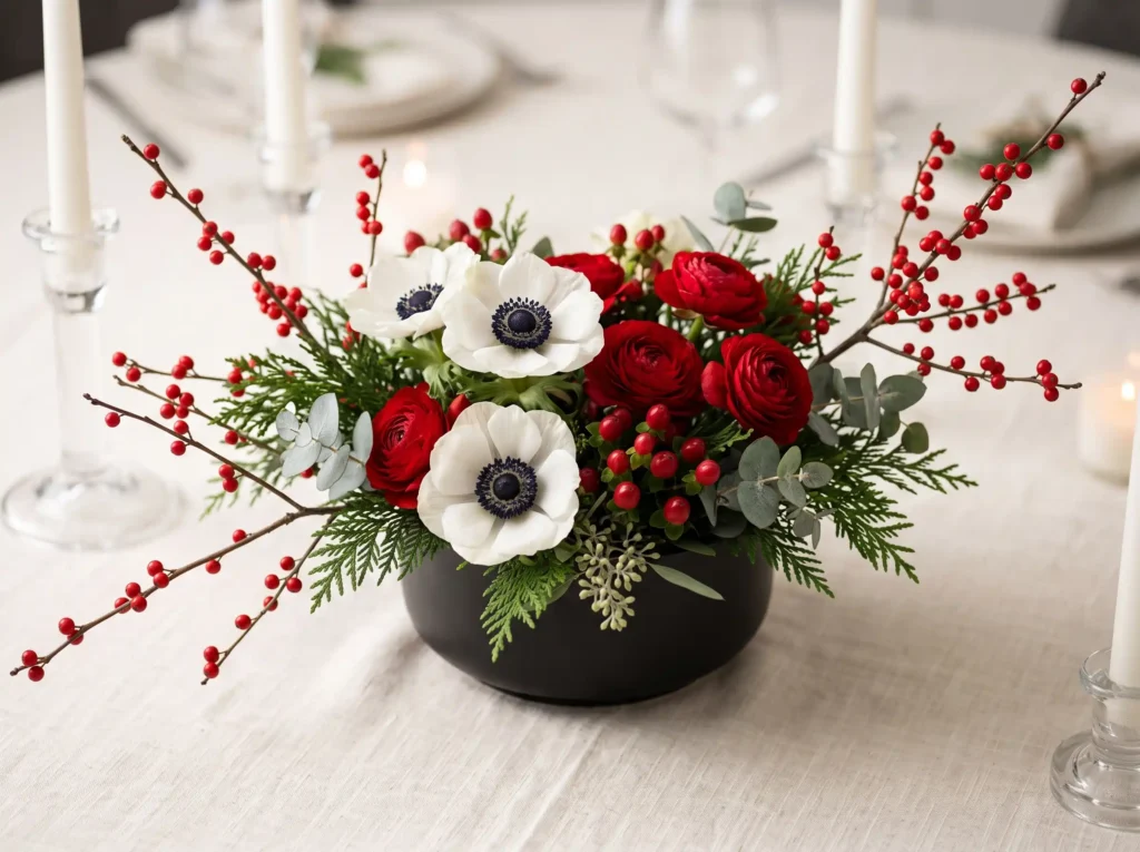 Berry Red Anemone Centerpiece Inspiration A play Red anemone Christmas floral cen…
