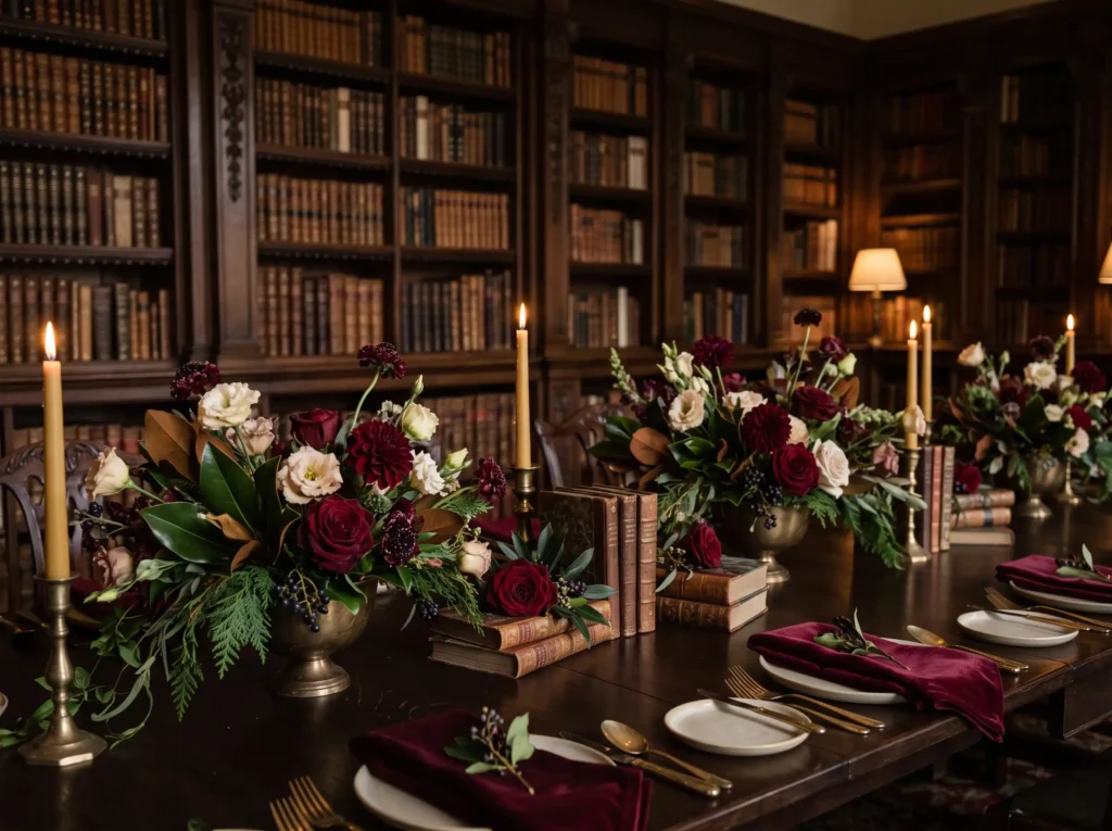 Burgundy Library Florals Inspiration Picture an Library wedding table floral cen…