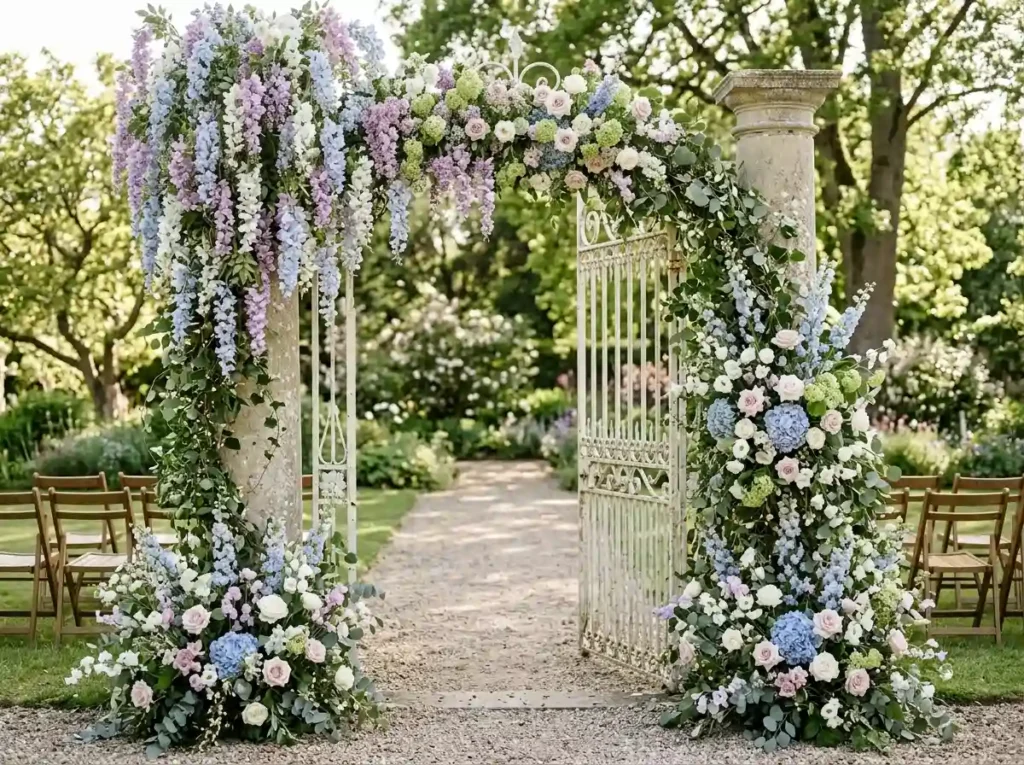 White Wisteria Garden Gate Inspiration A romanti Floral garden gate ceremony thre…