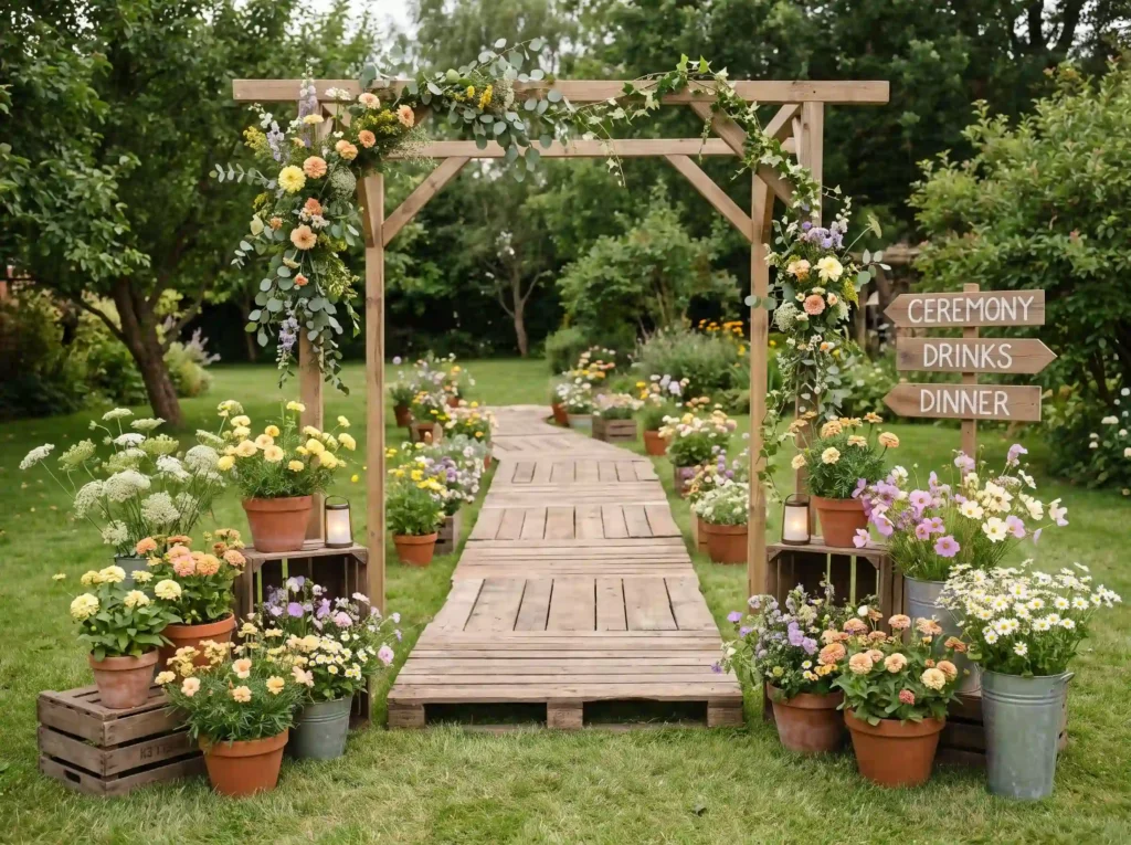 Backyard wedding welcome walk setup K