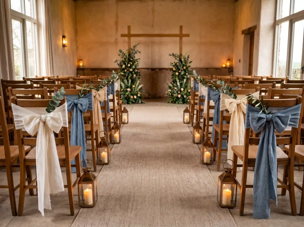 Linen Bow Chair Decor Inspiration Instead of de Linen bows decorate wedding chairs