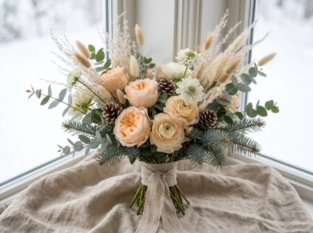 Nordic Peach Winter Blooms Inspiration Borrowin Nordic winter bridal bouquet arr…