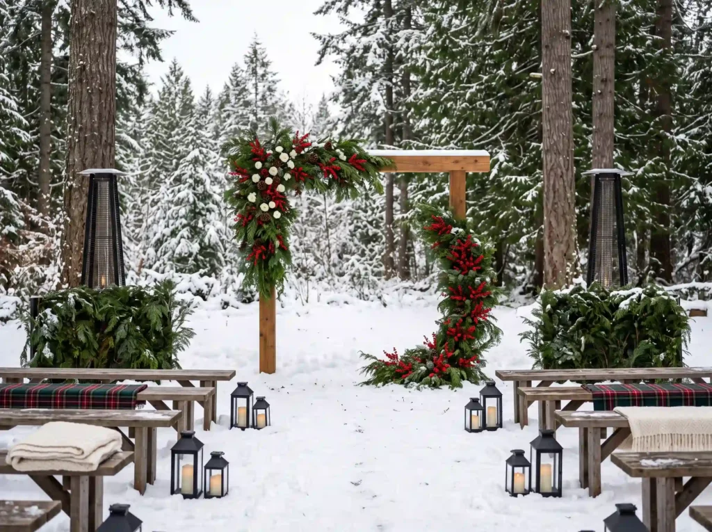Rustic Redberry Snow Arch Inspiration A playful Rustic Redberry Snow Arch Ceremony