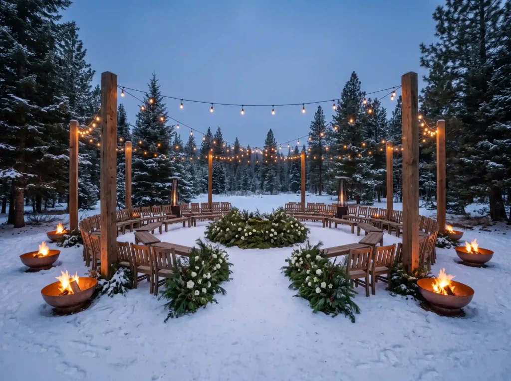 Fireside Evergreen Circle Inspiration Breaking Circular winter forest wedding c…